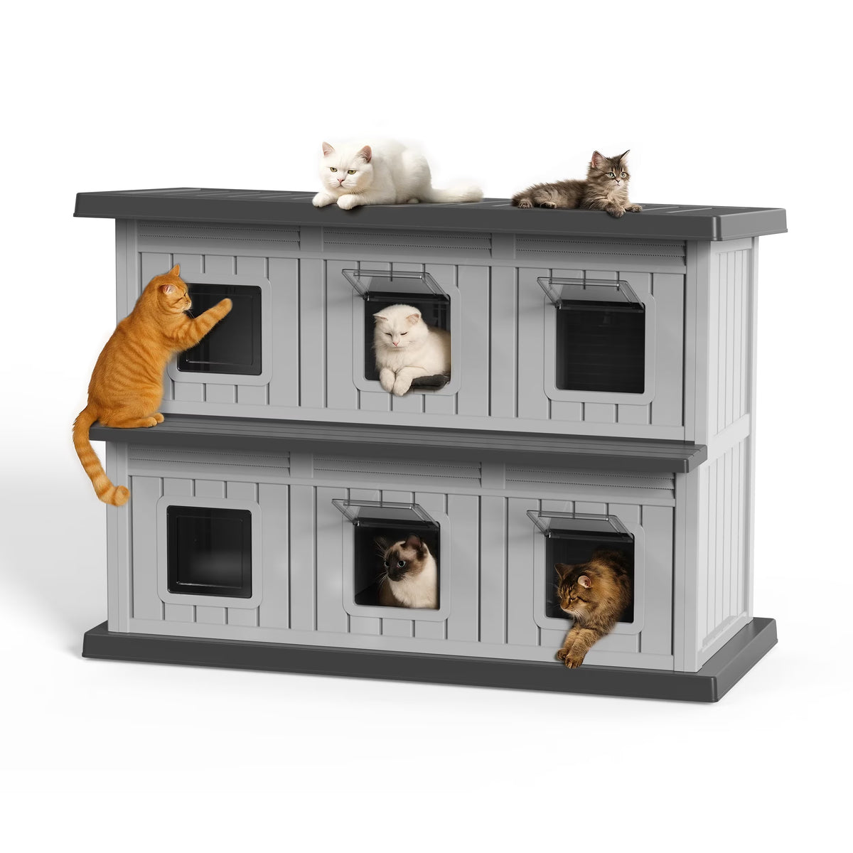 EasyUp Outdoor Cat House Large Double-Decker Cat Houses for Outdoor Cats with Adjustable Window Balcony Weatherproof UV Protection Cat Shelter for Several Feral Cats,Black
