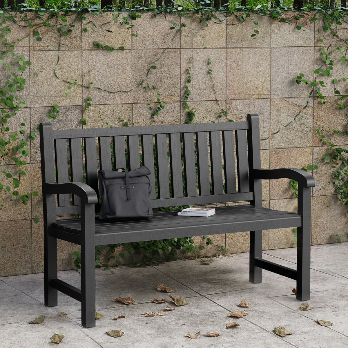 EasyUp Outdoor Bench, Waterproof & Weatherproof Garden Bench with Ergonomic Design, 2-Person Resin Bench for Porch, Deck, Patio, Outdoor, Garden & Park(Black)