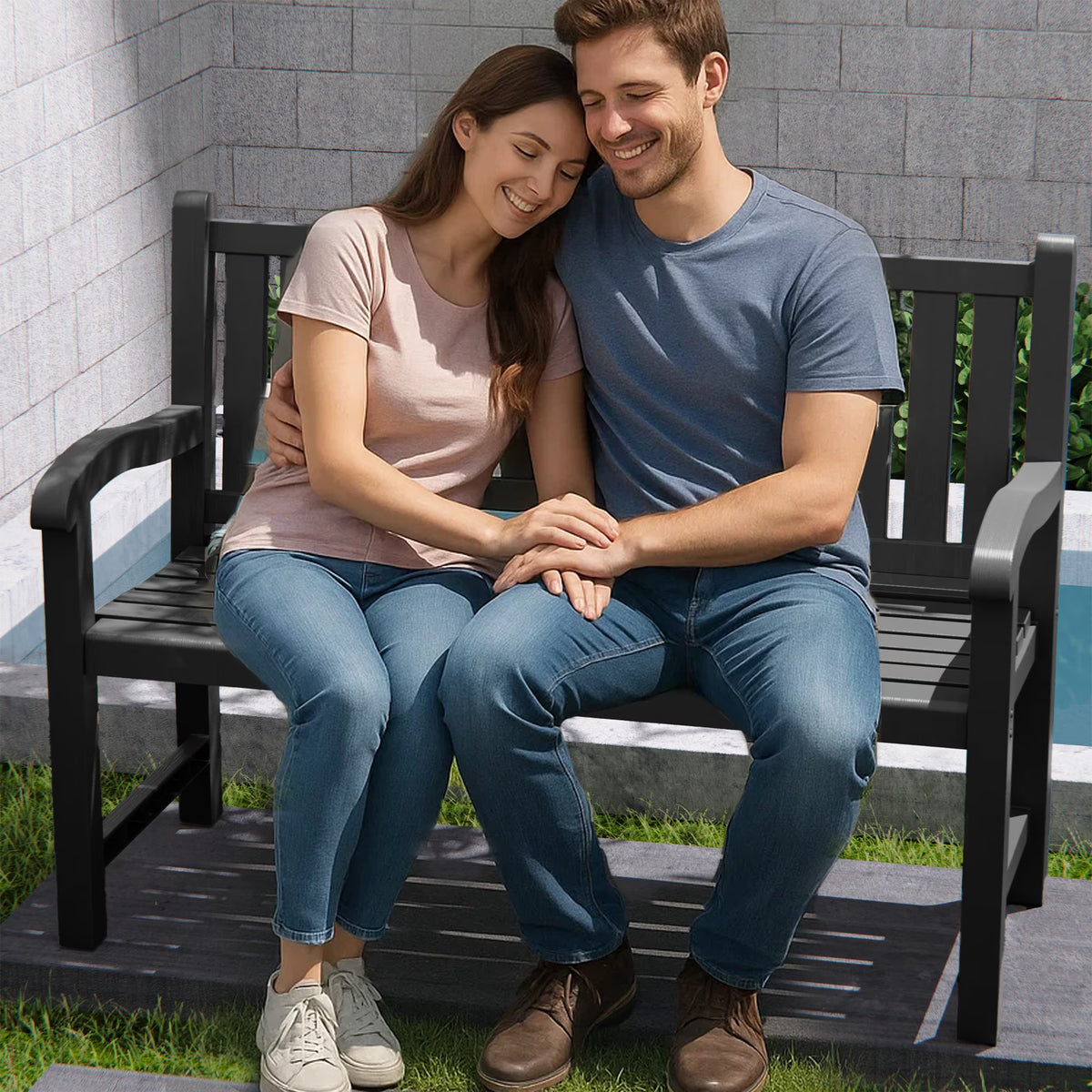 EasyUp Outdoor Bench, Waterproof & Weatherproof Garden Bench with Ergonomic Design, 2-Person Resin Bench for Porch, Deck, Patio, Outdoor, Garden & Park(Black)