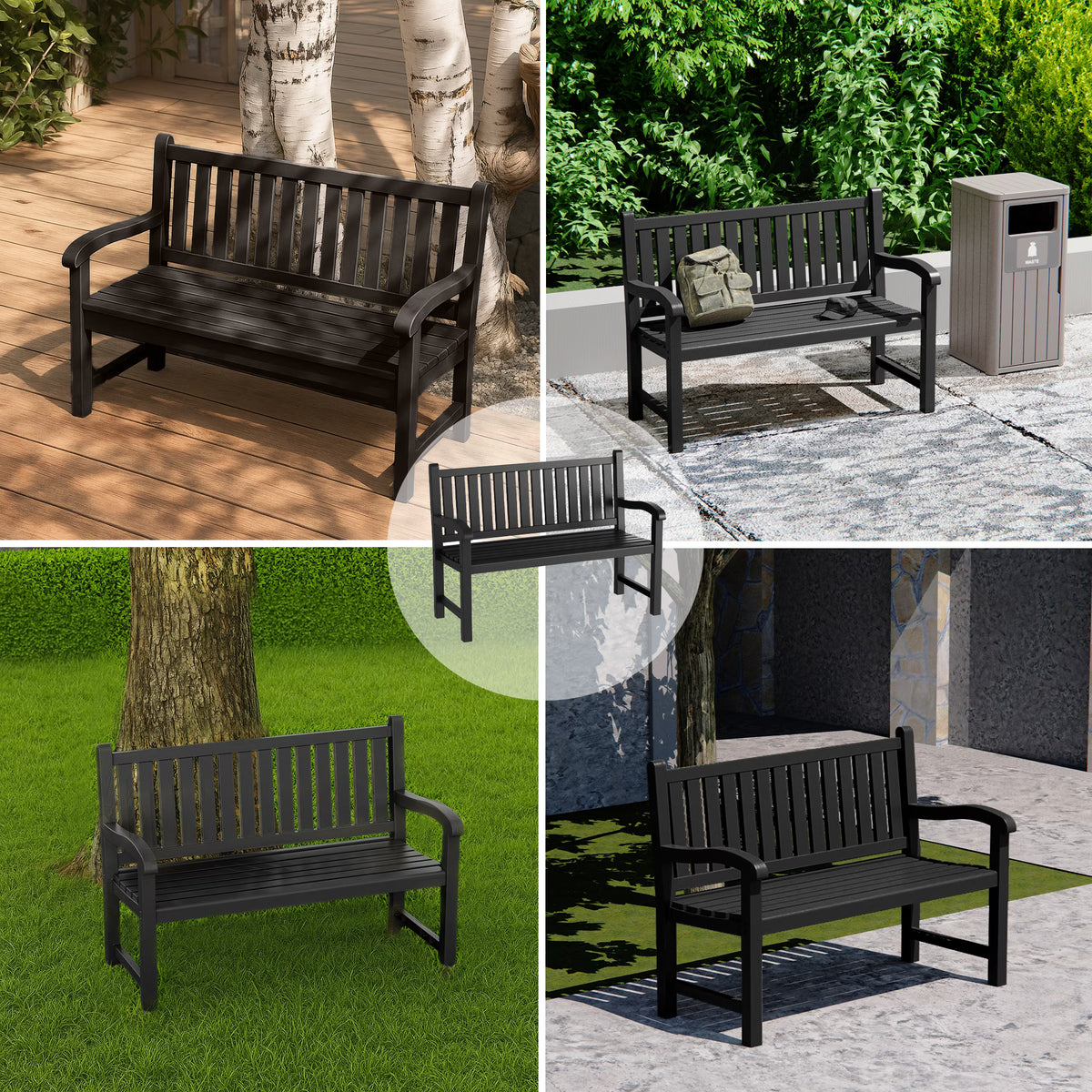 EasyUp Outdoor Bench, Waterproof & Weatherproof Garden Bench with Ergonomic Design, 2-Person Resin Bench for Porch, Deck, Patio, Outdoor, Garden & Park(Black)
