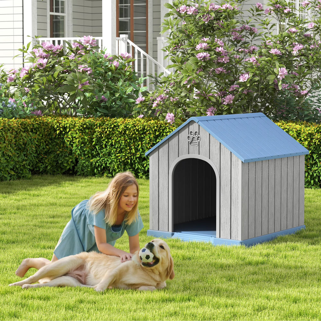 EasyUp Resin Waterproof Dog House, Ventilated Kennel with Elevated Floor, Indoor Outdoor Pet Shelter, Easy Assembly, (Blue, 38.62*36.26*38.07 Inches)