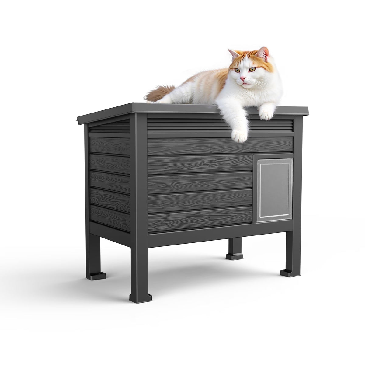 EasyUp Outdoor Cat House,Weatherproof Feral Cat Shelter with Raised Floor,Warm,Resin Material,Outdoor Feral Cat House for Cats and Small Animals,with Door,Easy to Assemble (Black, Large)