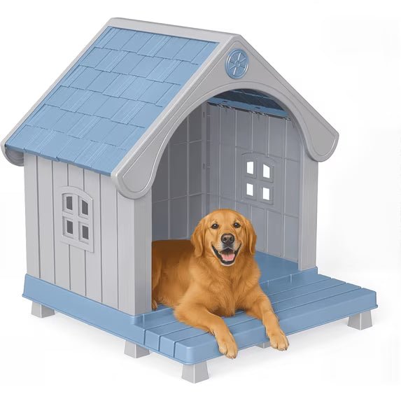 EasyUp Resin Pet House, Weatherproof Kennel with Elevated Extended Floor, Elegant Sturdy Shelter for Large Pets Indoor & Outdoor Use