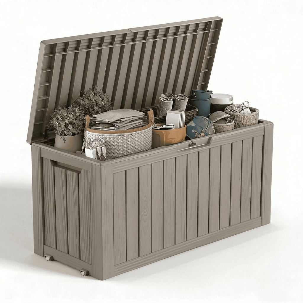 80 Gallon Resin Deck Box, Lockable Patio Outdoor Storage Box for Furniture, Garden Tools and Tools Storage, Waterproof Outside Storage Boxes