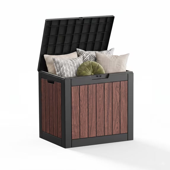 Easy up 35 Gallon Walnut Brown Resin Deck Box, Waterproof & UV Resistant Lockable Storage Container for Patio Furniture, Pool Accessories, Cushions and Garden Tools