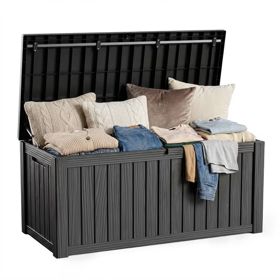 EASY UP 120gallon outdoor resin storage deck box, weather-resistant and lockable, suitable for storing tools, clothing, and packages; ideal for garages, gardens, and bedrooms (black).