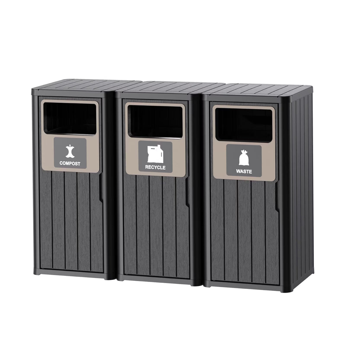 EasyUp Waterproof Resin Trash Can with Classification Labels, Durable Outdoor Waste Bin Fits 30-39 Gallon Bags for Kitchen Yard Porch, Black 3-Pack