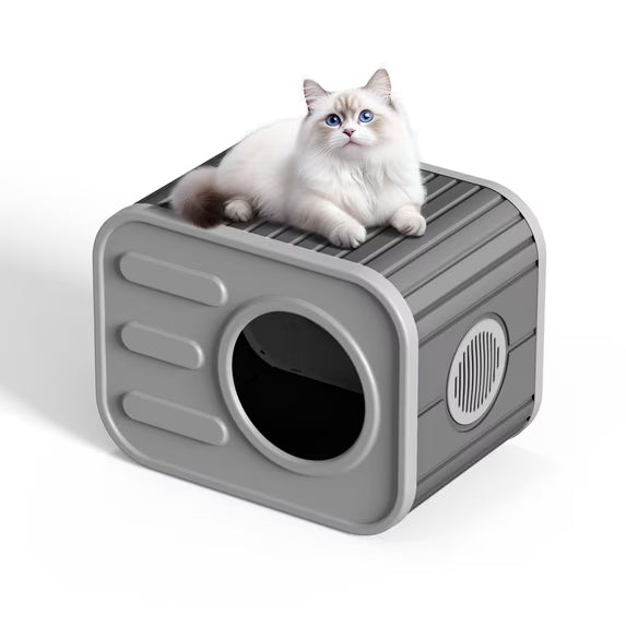 EasyUp Cat House for Indoor & Outdoor Cats, Resin Weatherproof Cat House with Camera-Shaped Design, Versatile for Home & Yard Use(Black&Grey)