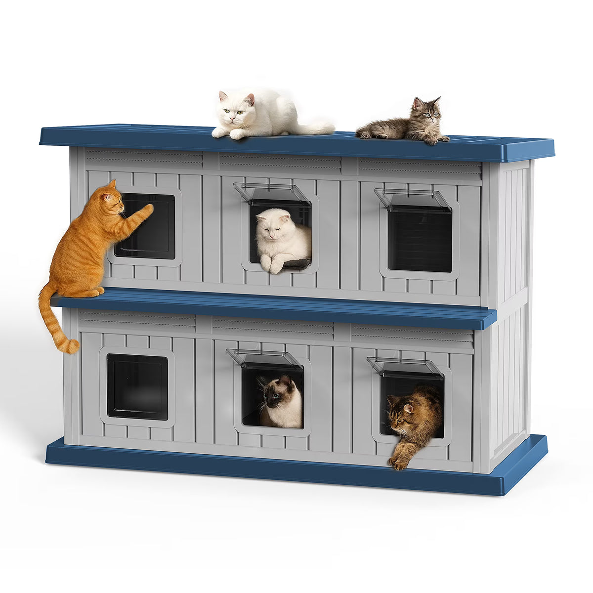 EasyUp Outdoor Cat House Large Double-Decker Cat Houses for Outdoor Cats with Adjustable Window Balcony Weatherproof UV Protection Cat Shelter for Several Feral Cats,Blue&Grey