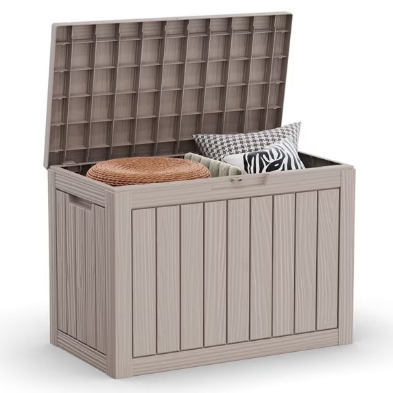45 Gallon Lockable Grey Resin Deck Box, Waterproof Outdoor Storage Container for Patio Furniture and Garden Tools（Grey）