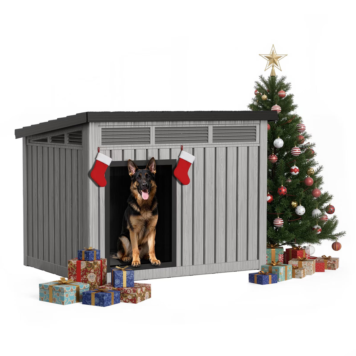 EasyUp Weatherproof Dog House with Removable Floor, Indoor & Outdoor Pet Shelter for Large Dogs, Grey & Black Large Size