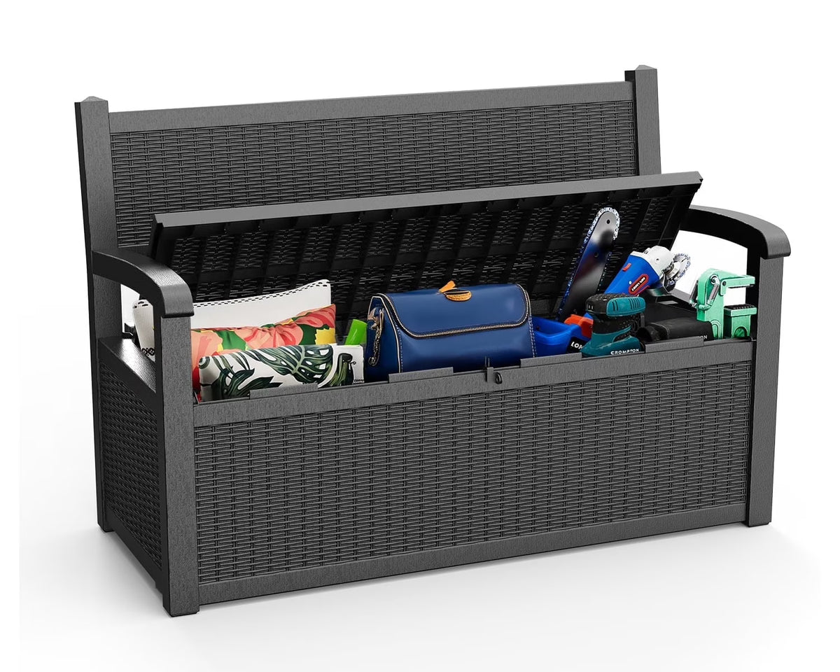 EasyUp 80 Gallon Storage Bench Deck Box Waterproof Lockable,Outdoor Storage Furniture for Patio,Garden and Porch,Tools and Cushions（Black）