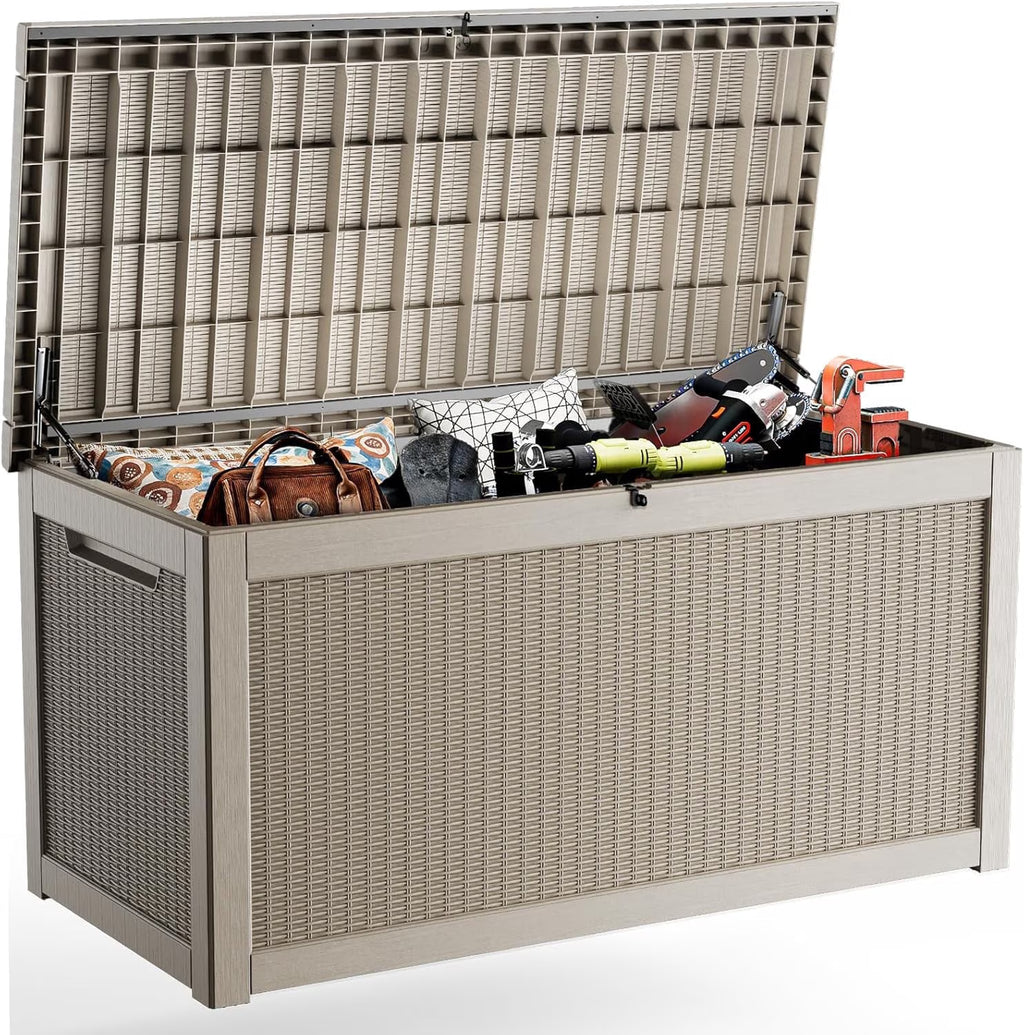 EASY UP 260gallon outdoor resin storage deck box, weather-resistant and lockable, suitable for storing tools, clothing, and packages; ideal for garages, gardens, and bedrooms (LIGHT BROWN).