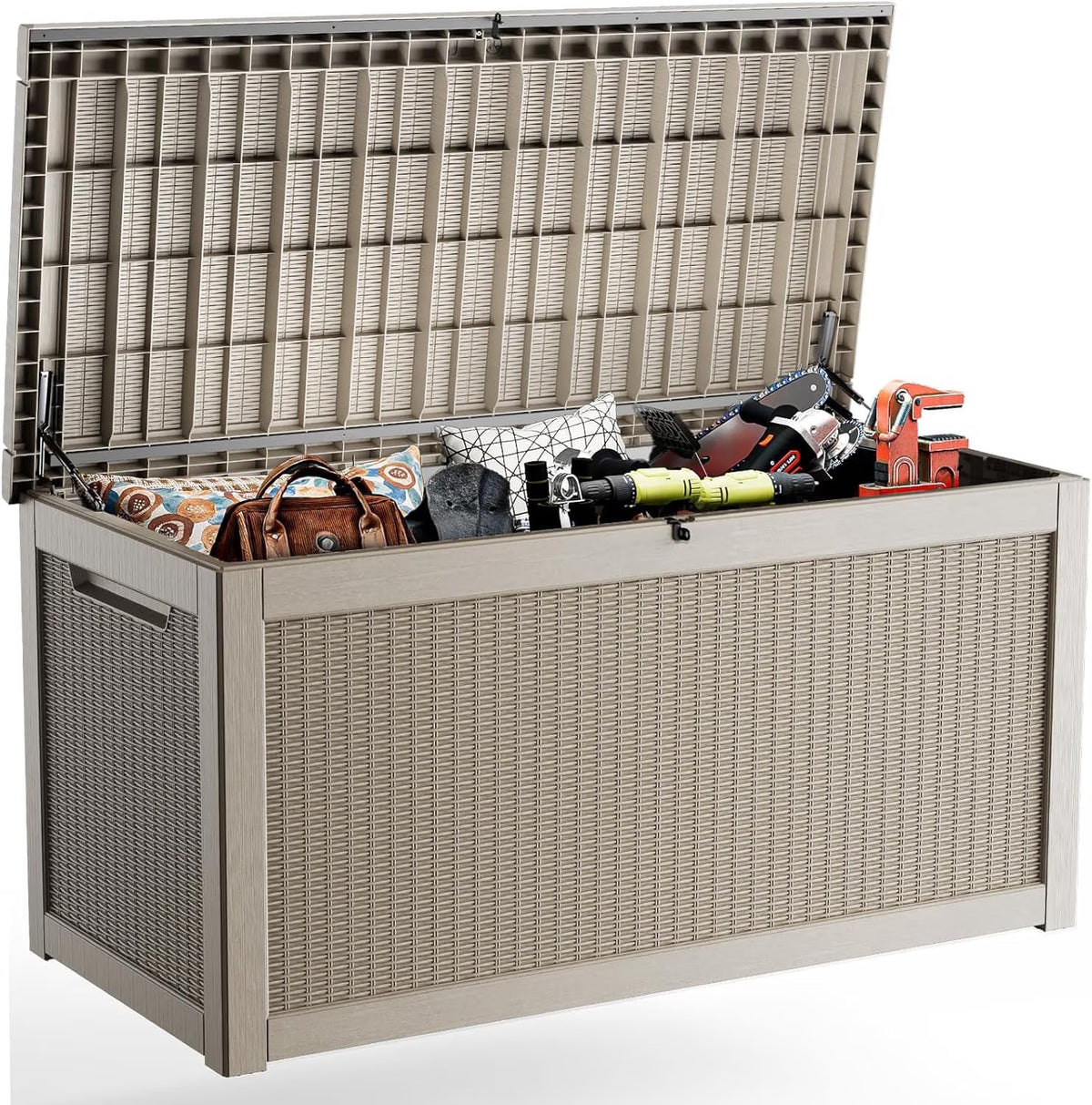 EASY UP 260gallon outdoor resin storage deck box, weather-resistant and lockable, suitable for storing tools, clothing, and packages; ideal for garages, gardens, and bedrooms (LIGHT BROWN).