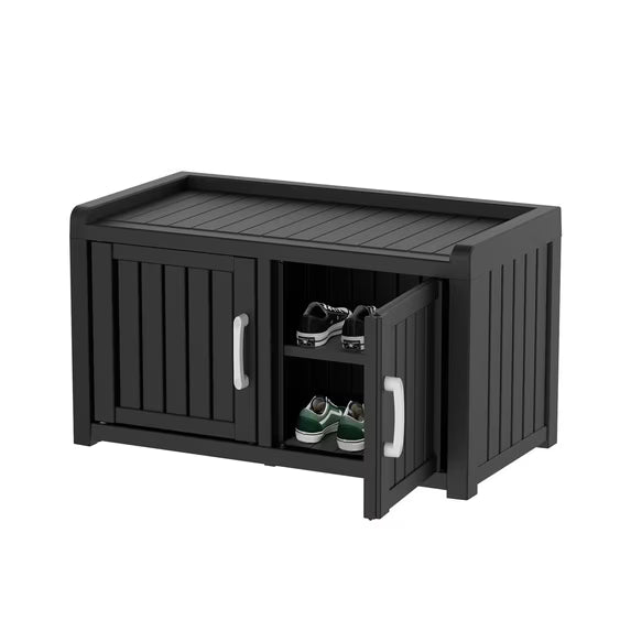 EasyUp Waterproof UV-Resistant Shoe Cabinet, Double Door Storage Bench with Adjustable Shelves, Indoor Outdoor Furniture for Entryway, Bedroom, Hallway, Living Room, Black