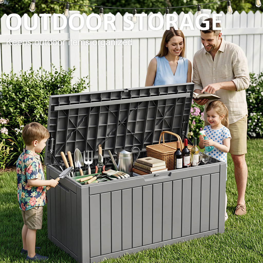 Easy Up 90 Gallon Outdoor Deck Box with Lockable Lid, Waterproof Outdoor Storage Container for Patio, Garden & Backyard, Grey