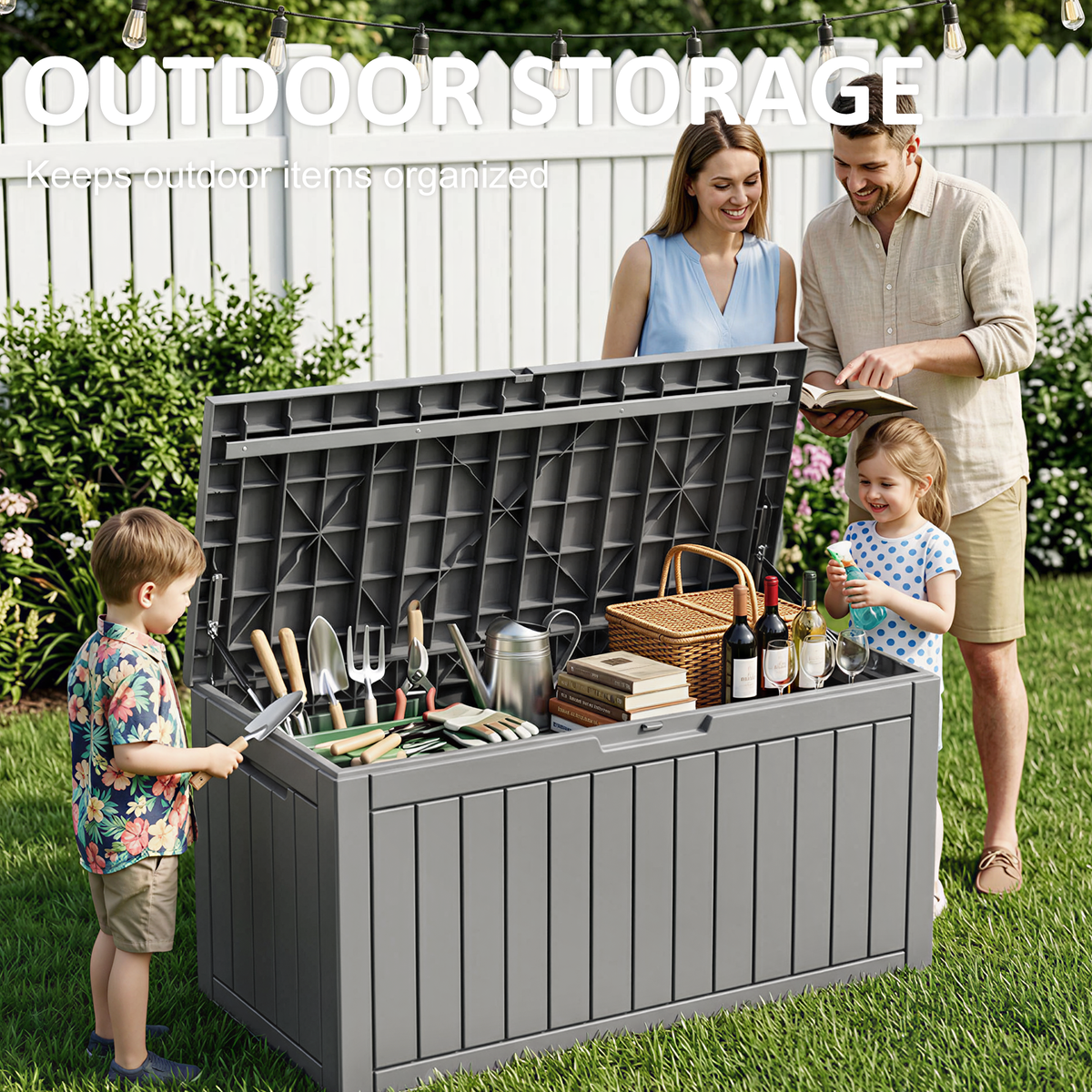 Easy Up 90 Gallon Outdoor Deck Box with Lockable Lid, Waterproof Outdoor Storage Container for Patio, Garden & Backyard, Grey