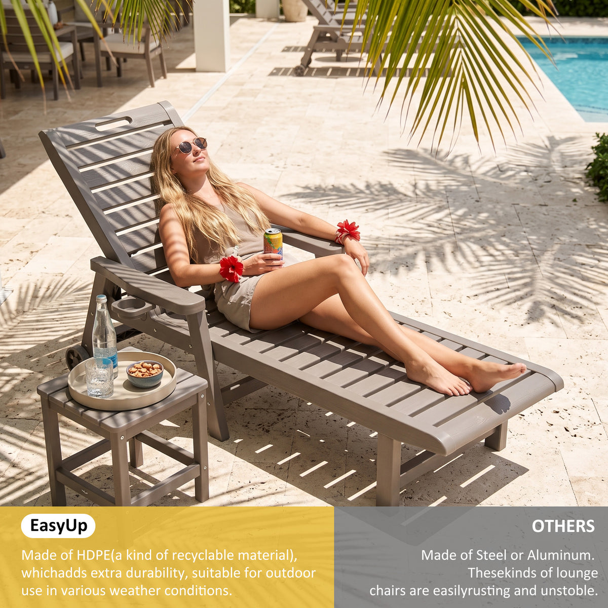 EasyUp Chaise Lounge Outdoor, Lounge Chair Outdoor with Wood Texture, Adjustable 5-Position Backrest,Lounge Chair with Wheels & Cup Holder for Pool Deck Backyard, Grey