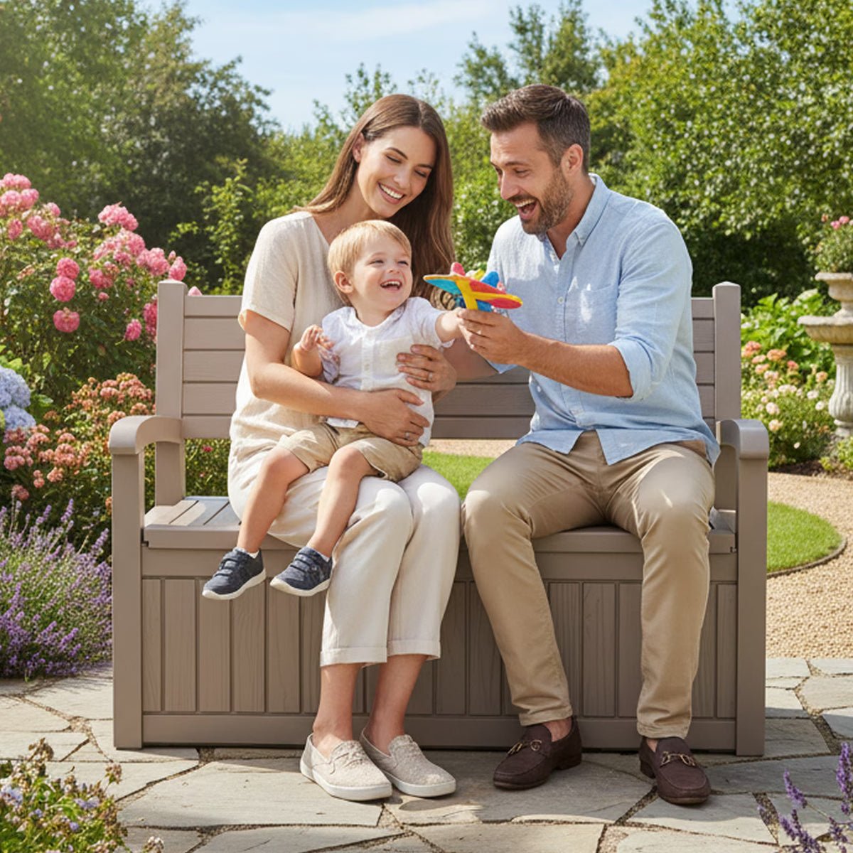 EASY UP 80 Gallon Storage Bench Deck Box Lockable for Patio Furniture, Garden Decor and Outdoor Seating for Cushions, Garden Tools and Pool Supplies (Black)