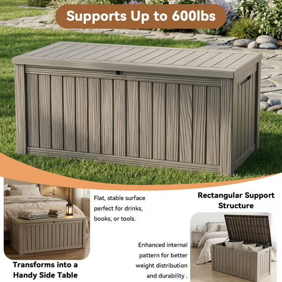 EASY UP 120gallon outdoor resin storage deck box, weather-resistant and lockable, suitable for storing tools, clothing, and packages; ideal for garages, gardens, and bedrooms (LIGHT BROWN).