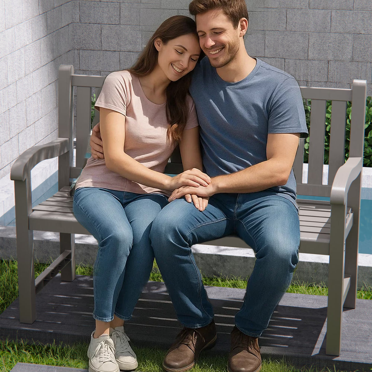 EasyUp Outdoor Bench, Waterproof & Weatherproof Garden Bench with Ergonomic Design, 2-Person Resin Bench for Porch, Deck, Patio, Outdoor, Garden & Park(Grey)