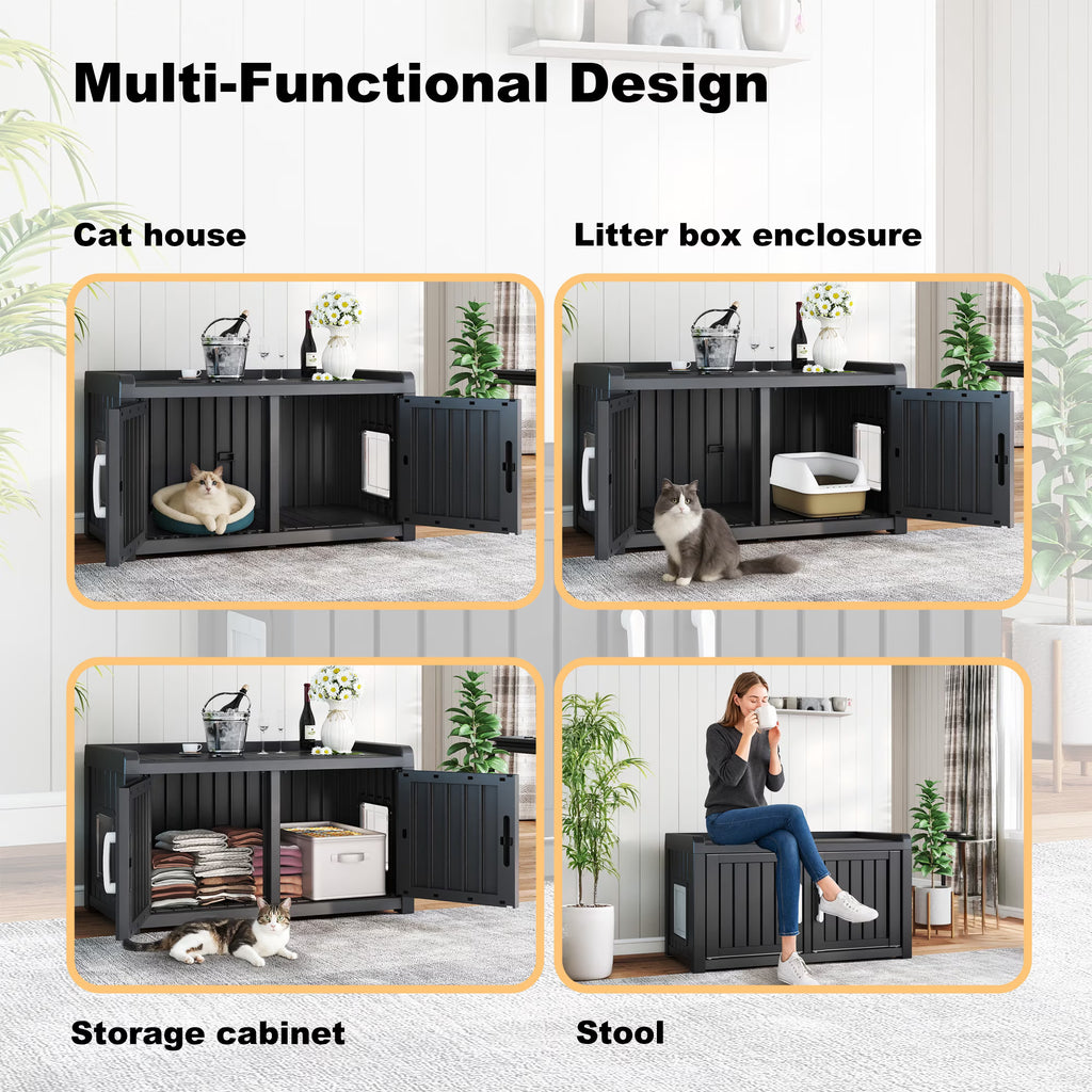 EasyUp Resin Hidden Cat Litter Box Enclosure, Dual-Door Weatherproof Indoor Furniture for Corners & Small Spaces, Black