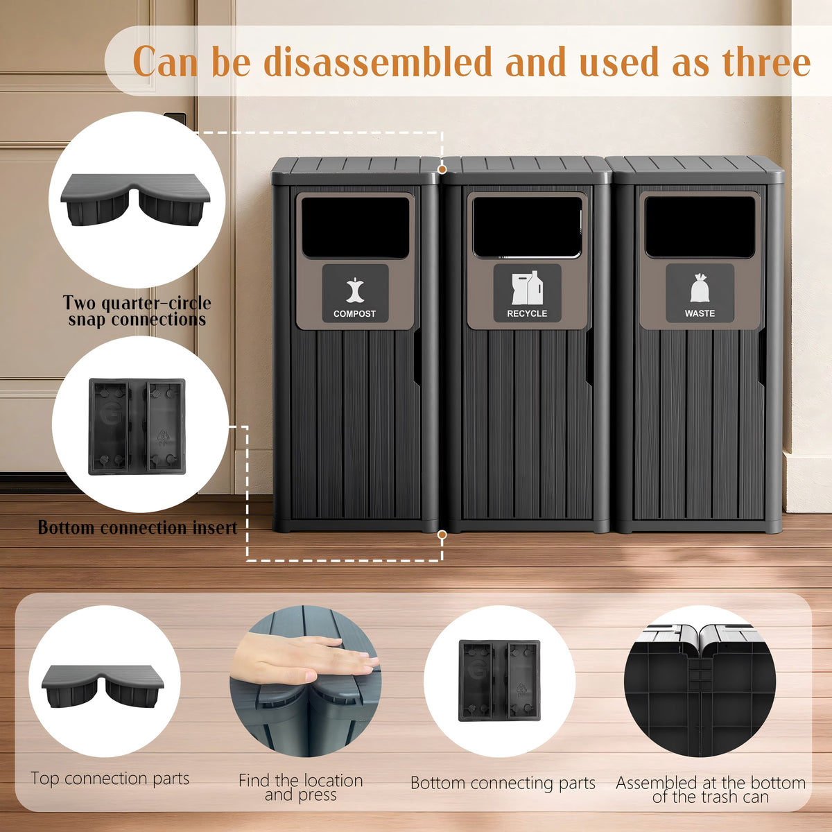 EasyUp Waterproof Resin Trash Can with Classification Labels, Durable Outdoor Waste Bin Fits 30-39 Gallon Bags for Kitchen Yard Porch, Black 3-Pack