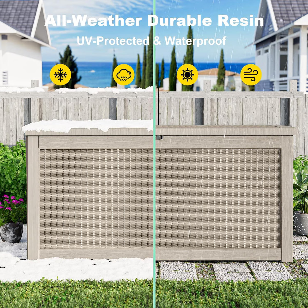 EASY UP 260gallon outdoor resin storage deck box, weather-resistant and lockable, suitable for storing tools, clothing, and packages; ideal for garages, gardens, and bedrooms (LIGHT BROWN).