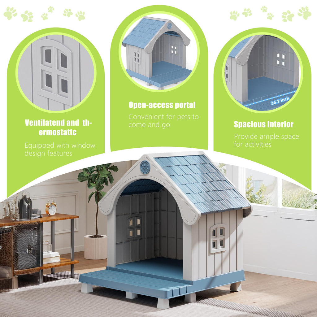 EasyUp Resin Pet House, Weatherproof Kennel with Elevated Extended Floor, Elegant Sturdy Shelter for Large Pets Indoor & Outdoor Use