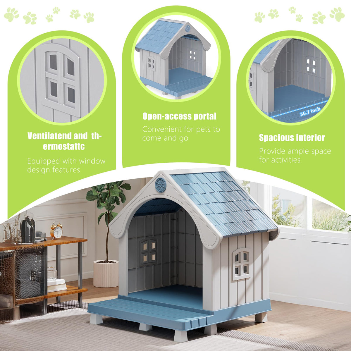 EasyUp Resin Pet House, Weatherproof Kennel with Elevated Extended Floor, Elegant Sturdy Shelter for Large Pets Indoor & Outdoor Use