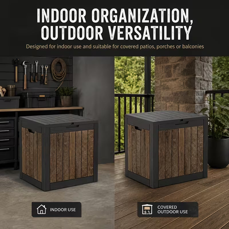 Easy up 34 Gallon Rustic Brown Resin Deck Box, Waterproof & UV Resistant Lockable Storage Container for Patio Furniture, Pool Accessories, Cushions and Garden Tools