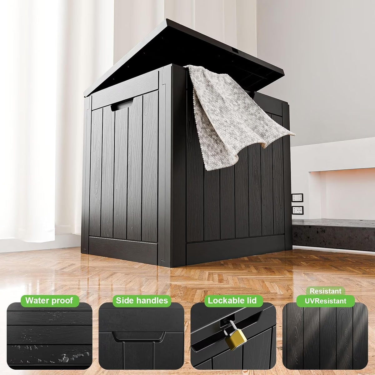 EASY UP 30gallon outdoor resin deck box, weather-resistant and lockable, suitable for storing tools, clothing, and packages; ideal for garages, gardens, and bedrooms (black).