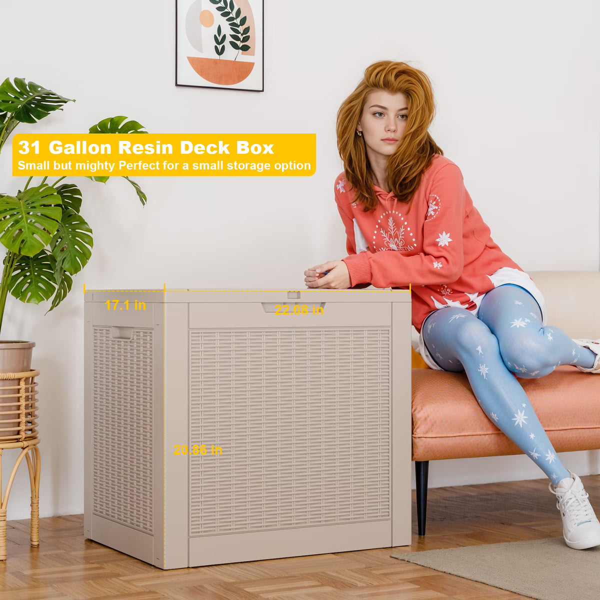 Easy Up 30 Gallon Resin Deck Box, Lockable Patio Outdoor Storage Box for Furniture, Garden Tools and Tools Storage, Waterproof Outside Storage Boxes