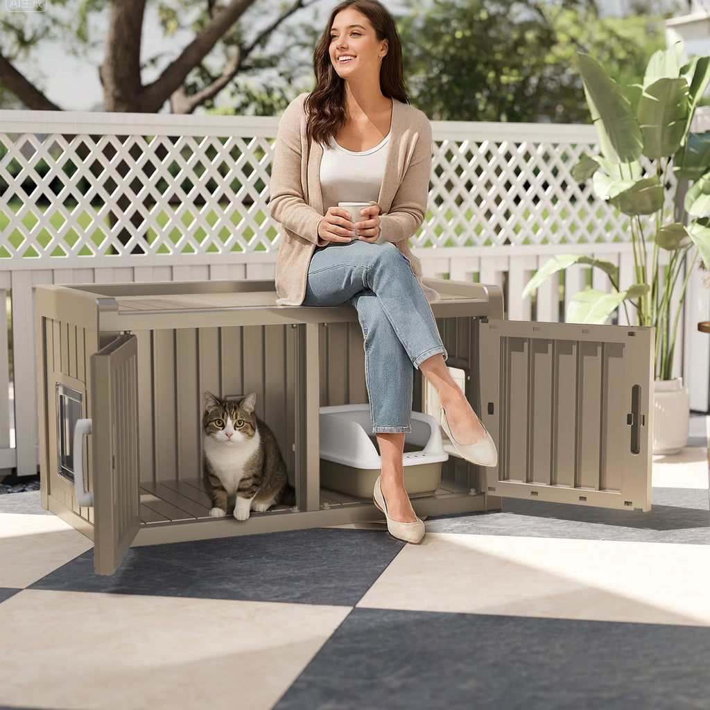 EasyUp Resin Enclosed Hidden Cat Litter Box Enclosure, Dual-Door Weatherproof Space-Saving Furniture for Indoor Corners & Small Spaces, Gray