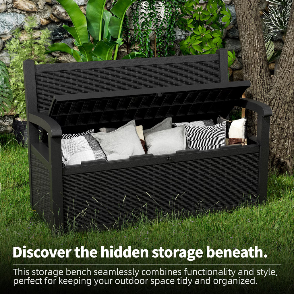 EasyUp 80 Gallon Storage Bench Deck Box Waterproof Lockable,Outdoor Storage Furniture for Patio,Garden and Porch,Tools and Cushions（Black）