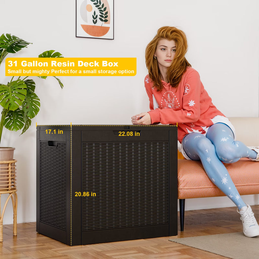 EasyUp 30 Gallon Resin Lockable Deck Box, Waterproof UV Resistant Outdoor Storage Container for Patio Furniture and Garden Tools.(Black)