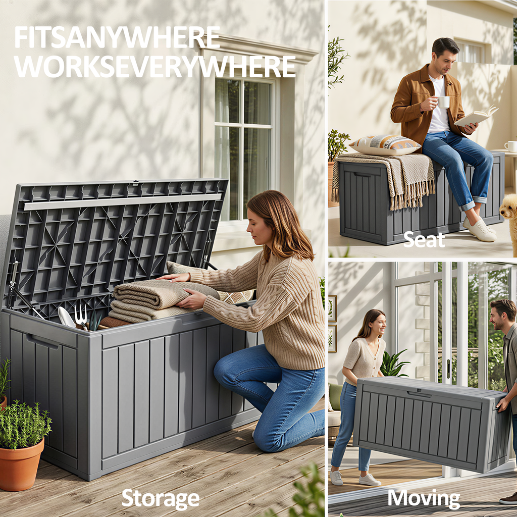 Easy Up 90 Gallon Outdoor Deck Box with Lockable Lid, Waterproof Outdoor Storage Container for Patio, Garden & Backyard, Grey