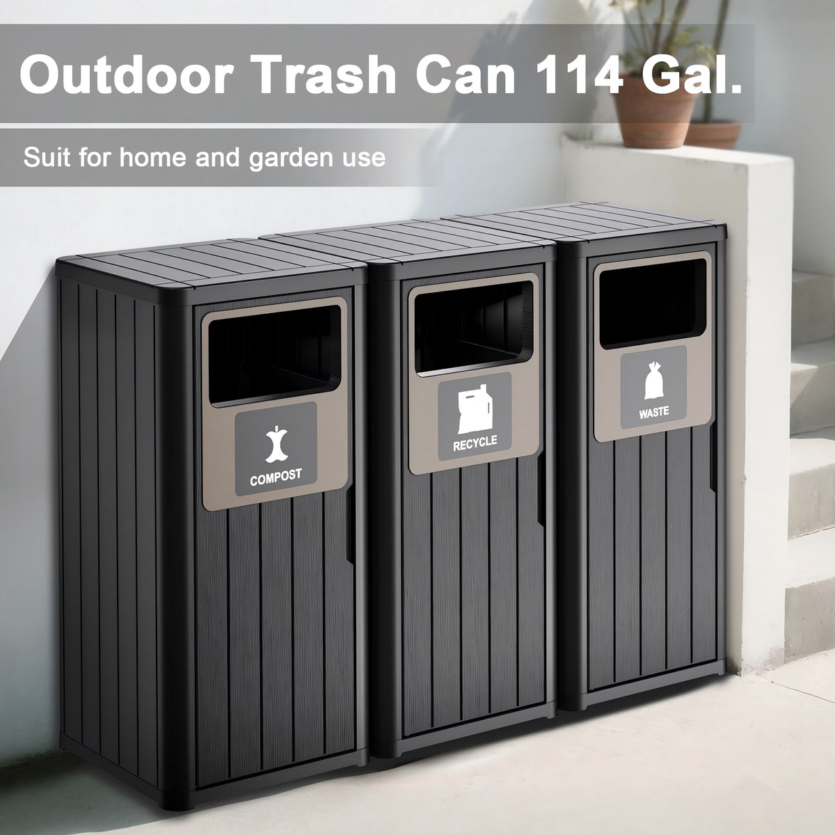EasyUp Waterproof Resin Trash Can with Classification Labels, Durable Outdoor Waste Bin Fits 30-39 Gallon Bags for Kitchen Yard Porch, Black 3-Pack