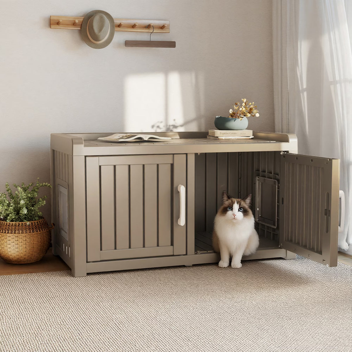 EasyUp Resin Enclosed Hidden Cat Litter Box Enclosure, Dual-Door Weatherproof Space-Saving Furniture for Indoor Corners & Small Spaces, Gray
