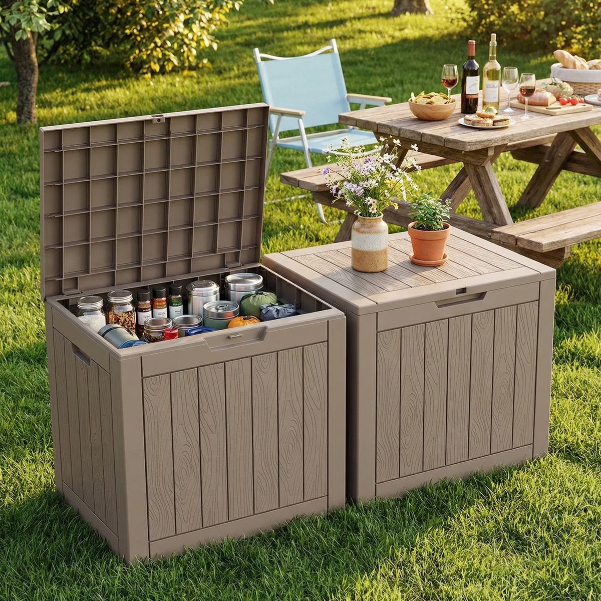 EASY UP 2PC 30 Gallon Outdoor Deck Box,Storage Lockable Waterproof Patio Furniture,Garden Tools,Cushions,Pool Accessories Outside Storage Resin Box(GRAY)