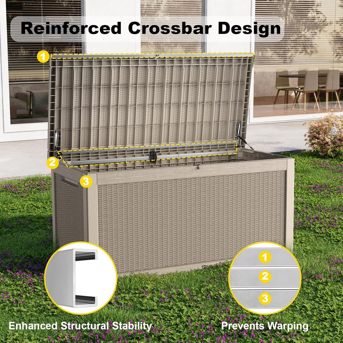 EASY UP 260gallon outdoor resin storage deck box, weather-resistant and lockable, suitable for storing tools, clothing, and packages; ideal for garages, gardens, and bedrooms (LIGHT BROWN).