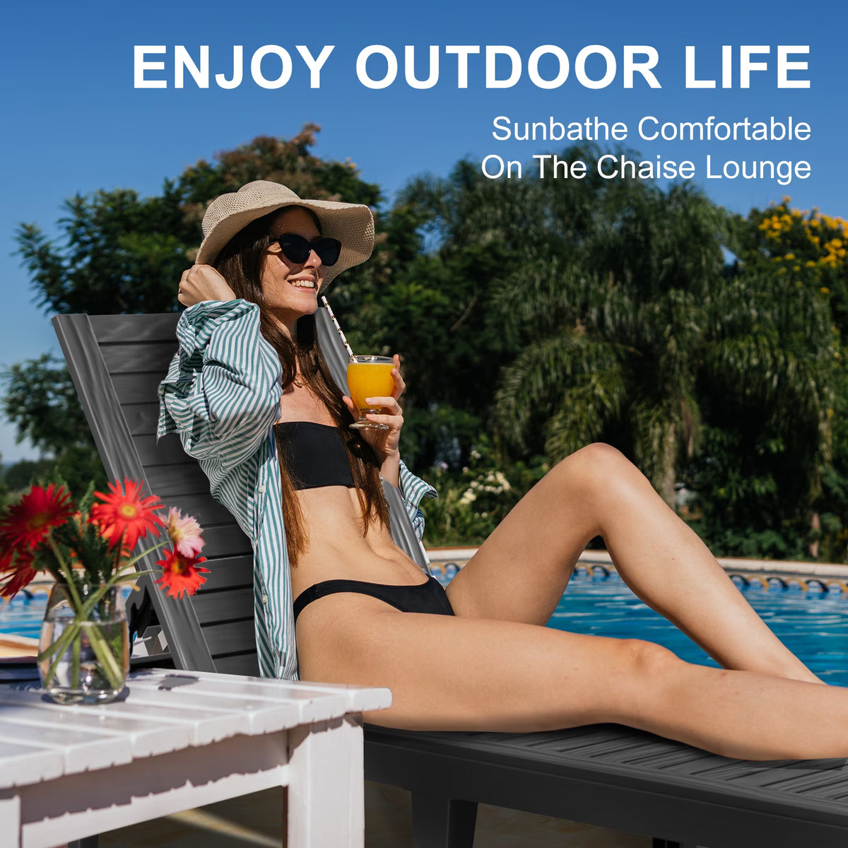 EasyUp Multi-Position Adjustable Outdoor Chaise Lounge Chair, Waterproof Lightweight Sturdy Reclining Furniture for Patio, Lawn, Courtyard & Indoor Relaxation