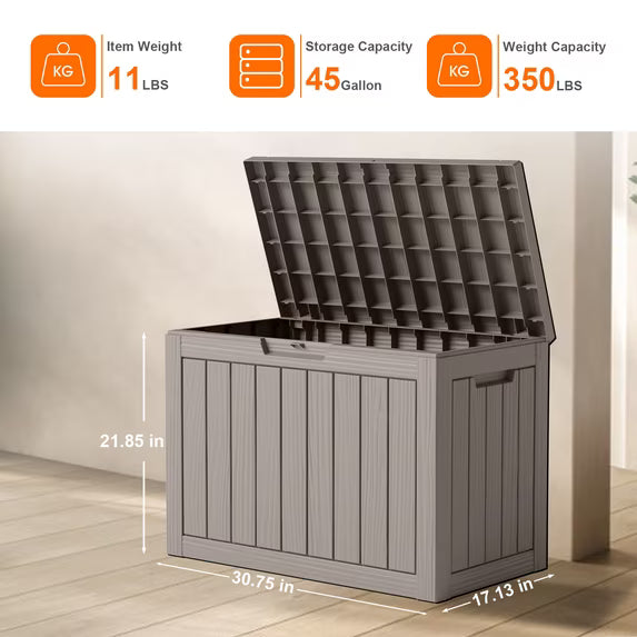 45 Gallon Lockable Grey Resin Deck Box, Waterproof Outdoor Storage Container for Patio Furniture and Garden Tools（Grey）