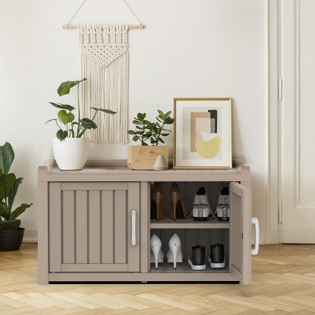 EasyUp EasyUp Waterproof UV-Resistant Shoe Cabinet, Double Door Storage Bench with Adjustable Shelves, Indoor Outdoor Furniture for Entryway, Bedroom, Hallway, Living Room, Gray