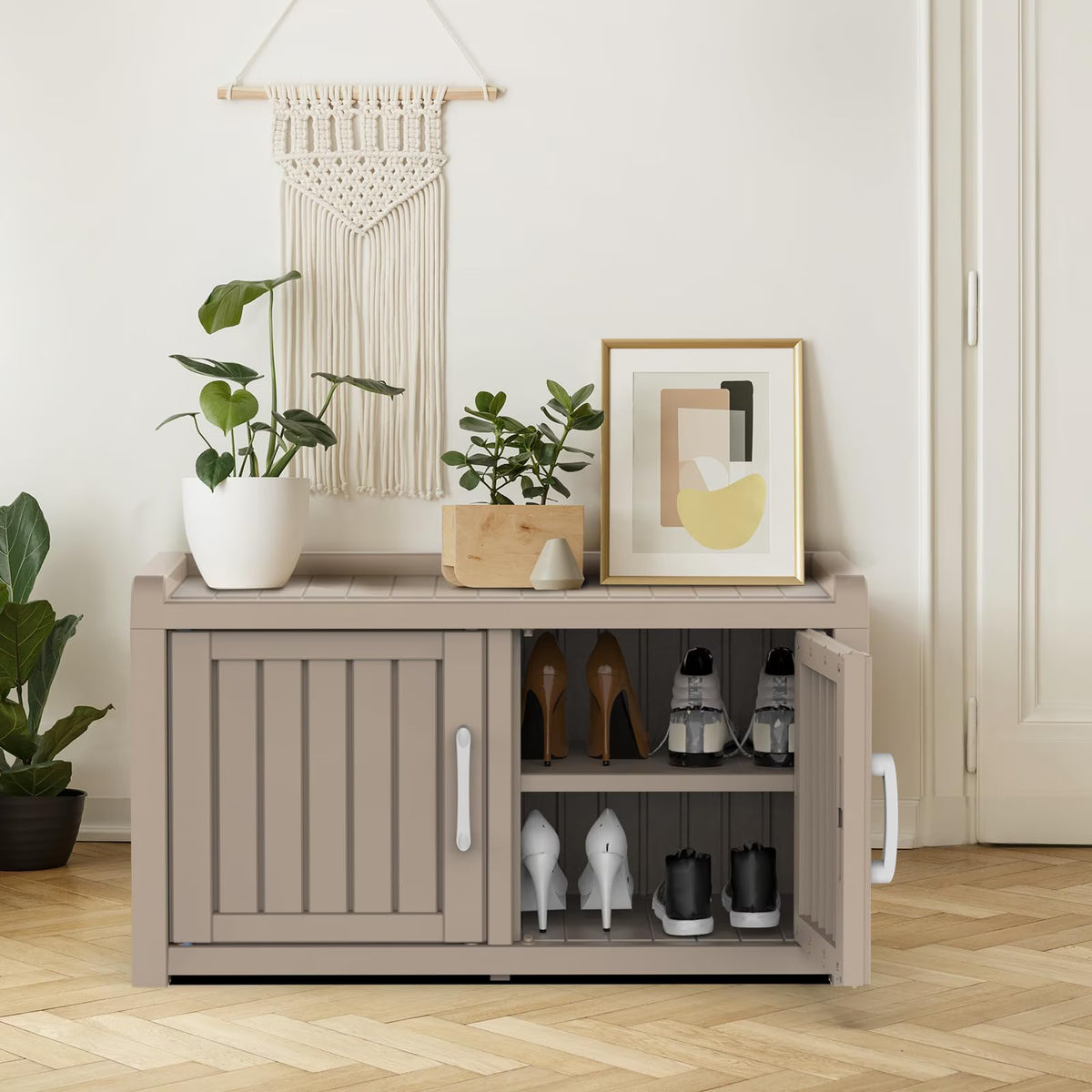 EasyUp EasyUp Waterproof UV-Resistant Shoe Cabinet, Double Door Storage Bench with Adjustable Shelves, Indoor Outdoor Furniture for Entryway, Bedroom, Hallway, Living Room, Gray