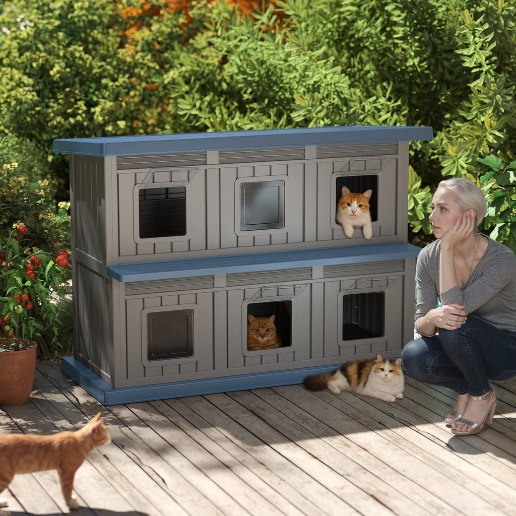 EasyUp Outdoor Cat House Large Double-Decker Cat Houses for Outdoor Cats with Adjustable Window Balcony Weatherproof UV Protection Cat Shelter for Several Feral Cats,Blue&Grey