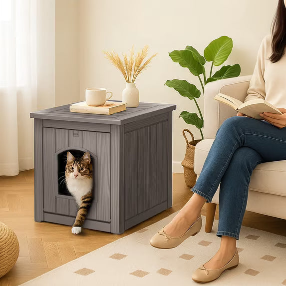EasyUp Resin Weatherproof Outdoor Cat House, Insulated All-Season Shelter for Garden, Patio, Backyard