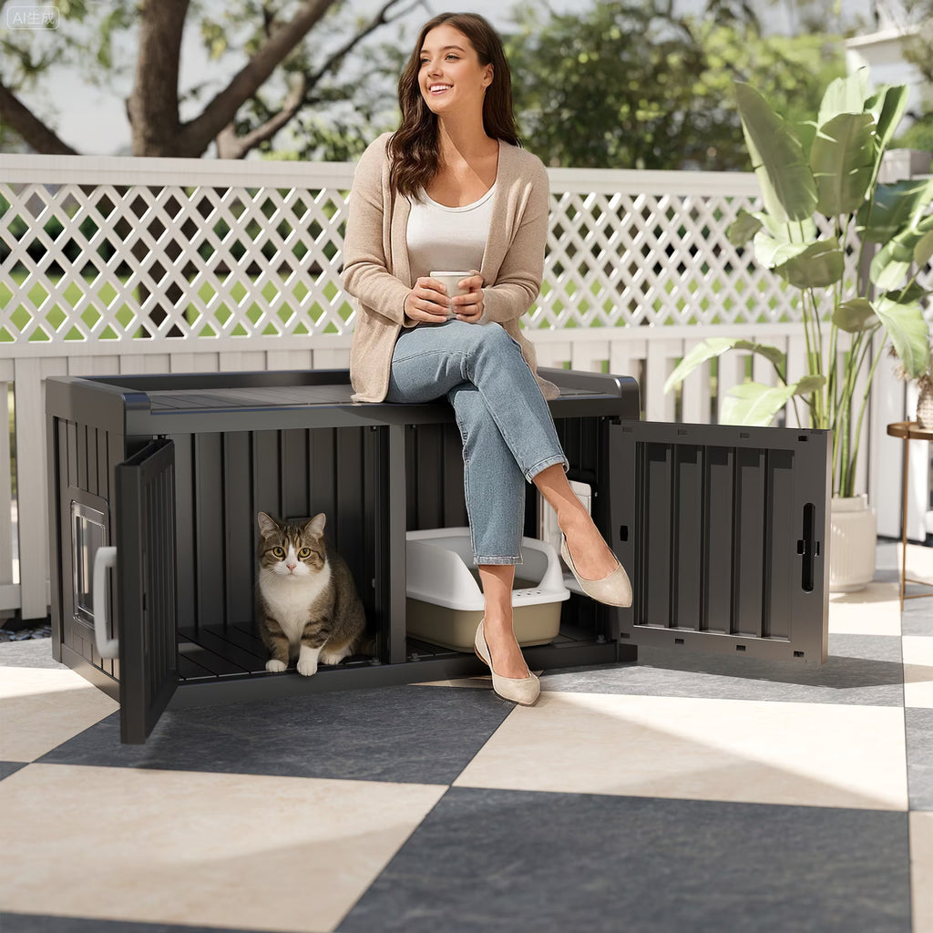 EasyUp Resin Hidden Cat Litter Box Enclosure, Dual-Door Weatherproof Indoor Furniture for Corners & Small Spaces, Black