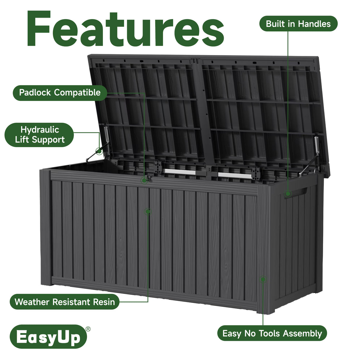 EasyUp 180 Gallon Resin Deck Box, Lockable Patio Outdoor Storage Box for Furniture, Garden Tools and Tools Storage, Waterproof Outside Storage Boxes