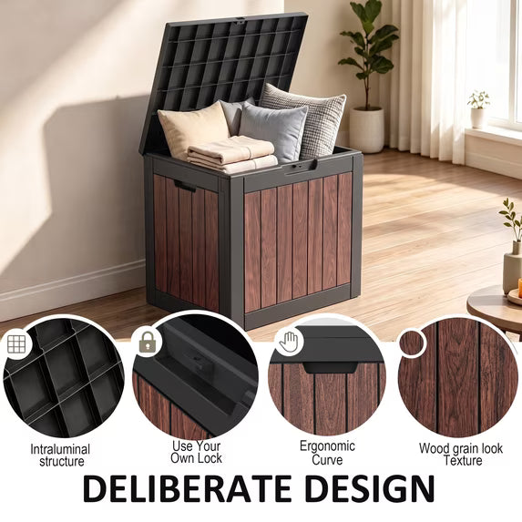 Easy up 35 Gallon Walnut Brown Resin Deck Box, Waterproof & UV Resistant Lockable Storage Container for Patio Furniture, Pool Accessories, Cushions and Garden Tools